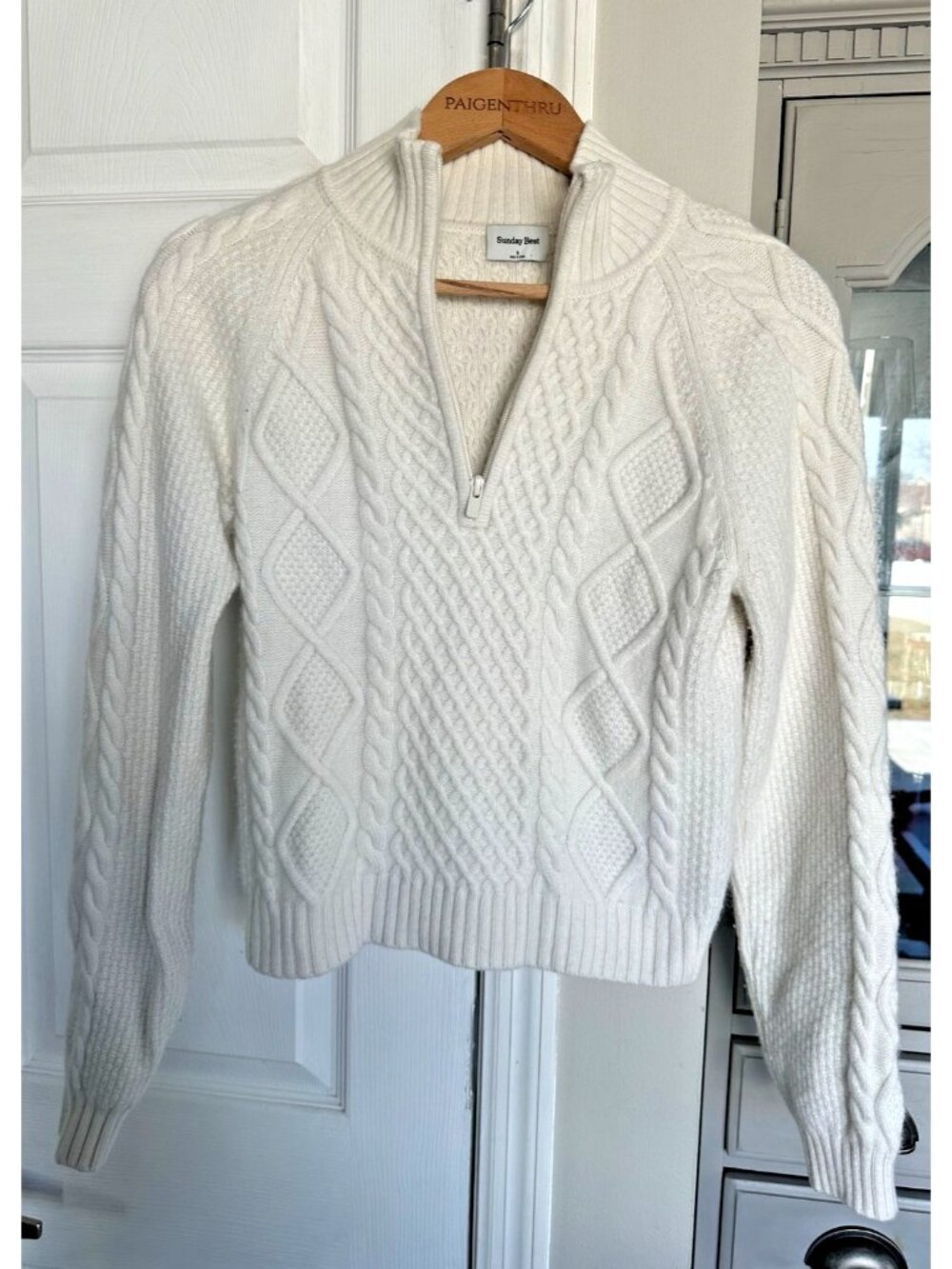 Aritzia Sunday Best Small White Heritage Merino Wool 1/4 Zip Sweater
